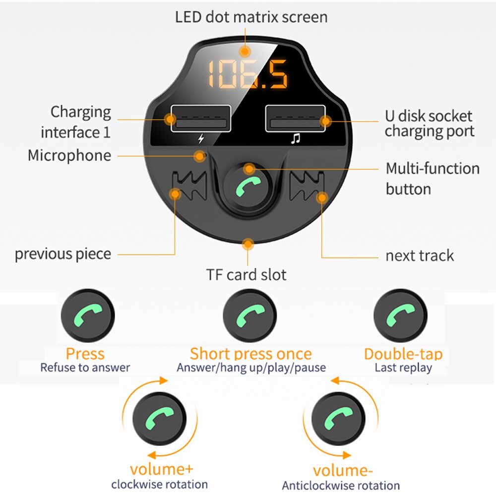 Car Fm Transmitter Bluetooth 5.0 Car Mp3 Player Modulator Adapter Battery Voltage TF Card Hands-free Dual USB Smart Chip T66